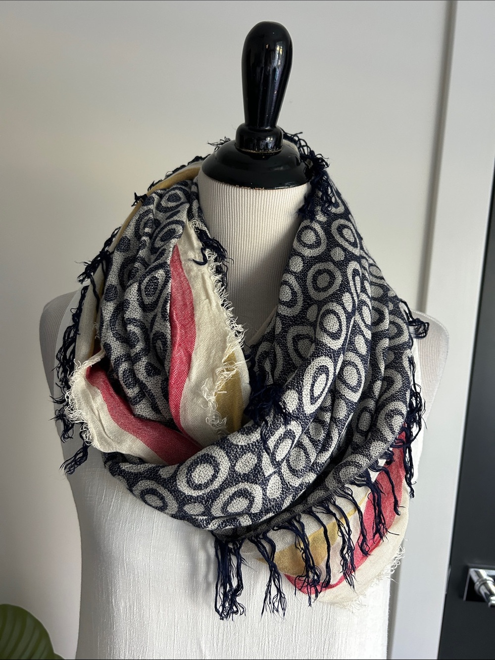 🆕 navy red yellow cream classicPatterned Infinity Scarf with Stripes